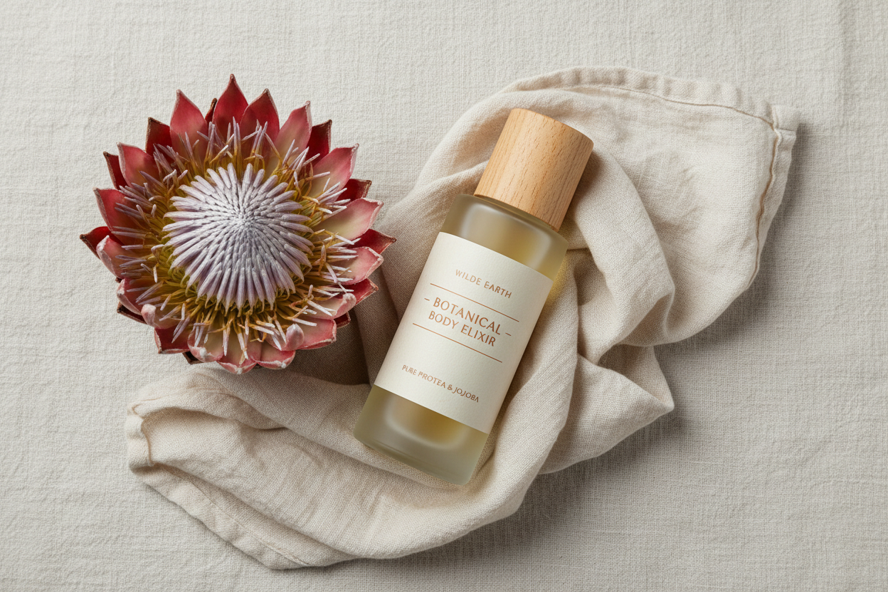 a beautiful designed bottle of refind body oil, with a stunning wild protea next to it. make the image bright and clear, no shadows. A single luxury wellness product styled in a minimalist flat-lay, wrapped in natural, uncoated materials. Warm earth tones, soft daylight, matte textures, and one intentional natural element placed beside it. Calm, refined, and quietly luxurious.