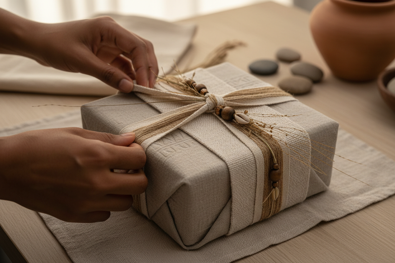 A close-up of hands carefully wrapping a refined gift using natural textures and neutral tones. Handcrafted ribbon, soft fabric, and subtle African detailing. Calm, intentional, intimate. The feeling is care, gratitude, and deliberate giving.