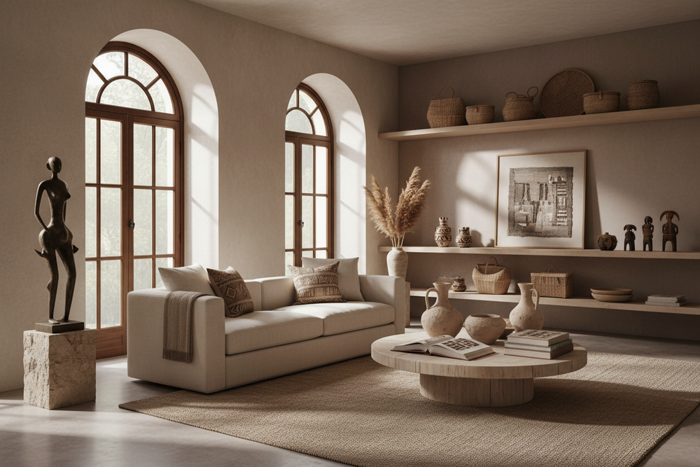 A modern Afrolux interior with curated objects on display — ceramics, textiles, books, and sculptural forms. Neutral palette, natural materials, soft shadows. A sense of calm luxury, cultural confidence, and considered abundance.