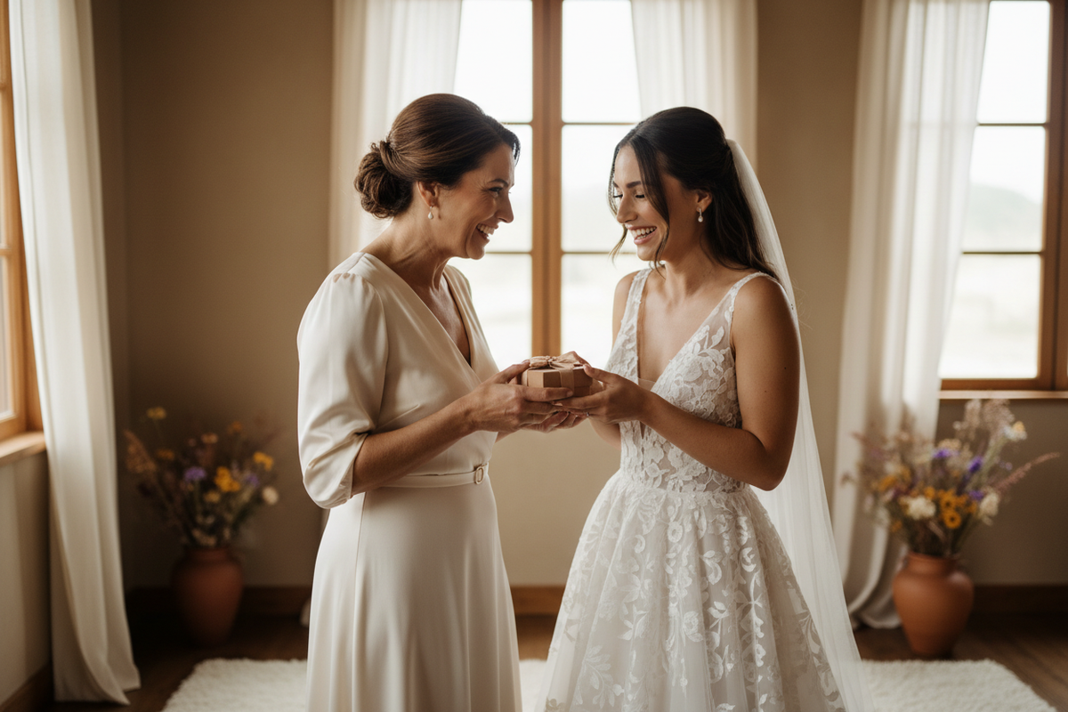 a mother giving a gift to her daughter on her wedding day. white women olive skin. happy and smiling with appreciation. the image must me light and bright, no shadows. Warm earth tones, soft daylight, matte textures,  Calm, refined, and quietly luxurious.