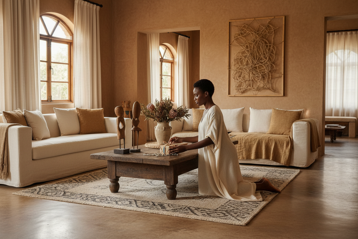 A refined Afro-lux interior in South Africa, bathed in soft natural light. Earthy textures, handcrafted details, and a neutral, elegant palette. A woman quietly arranging a small, meaningful gift with care. Minimal, calm, intentional. The mood is modern African luxury, cultural confidence, and quiet abundance.