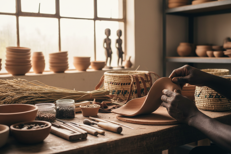 A South African artisan’s workspace in soft daylight. Hands shaping, carving, or stitching a crafted object. Earthy materials, quiet focus, minimal background. Modern African craftsmanship presented with dignity and elegance.