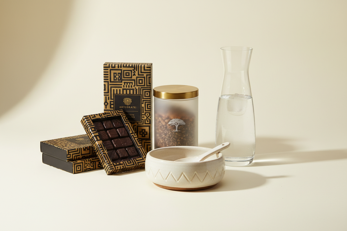 creat a refined, restrain gourment, and culinary indulgence experience gift. minimilast afro lux. the image must be light and bright. tow gourmet items with one culinary item next to a design karaf of water. the image must be light and bright