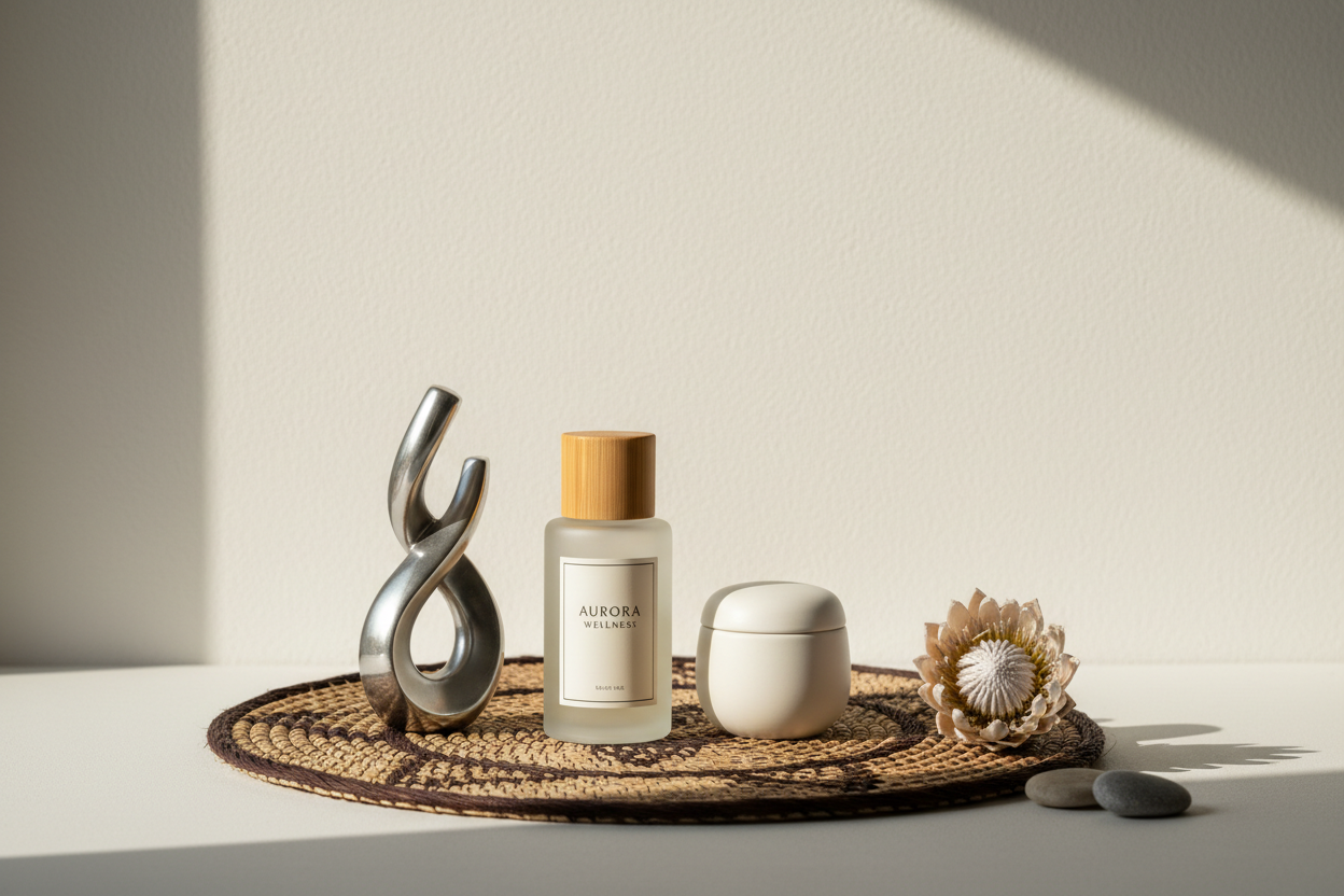 create an image for May-May Gifting house where. the image offers retraint and not cluttered, paring a wellness product with and african waived piece or silver