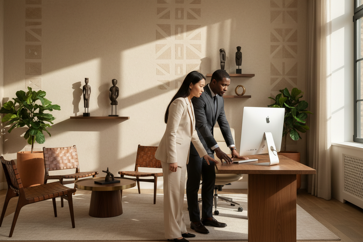 create an image where the asian lady and african light skinned man are looking at a computer together in a upmarket afrolux styple corporate enviroment, neurtal tones, they are working