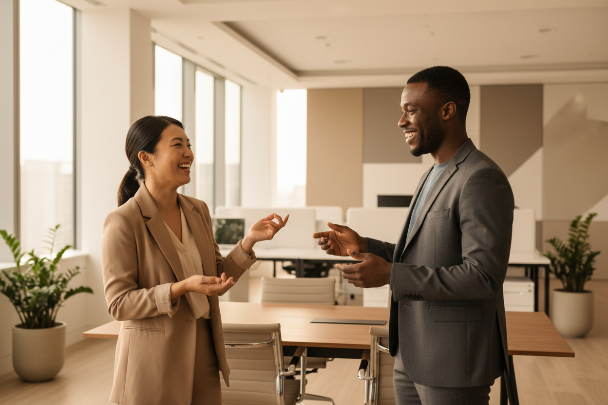 generate and image for my corporate page, two corporate people discussing a topic, smiling showing soft hand gestures, not over powering hand gestures. nutral earth tones, one person is an asian lady and the other is a black man with light skin. minimalist, natural