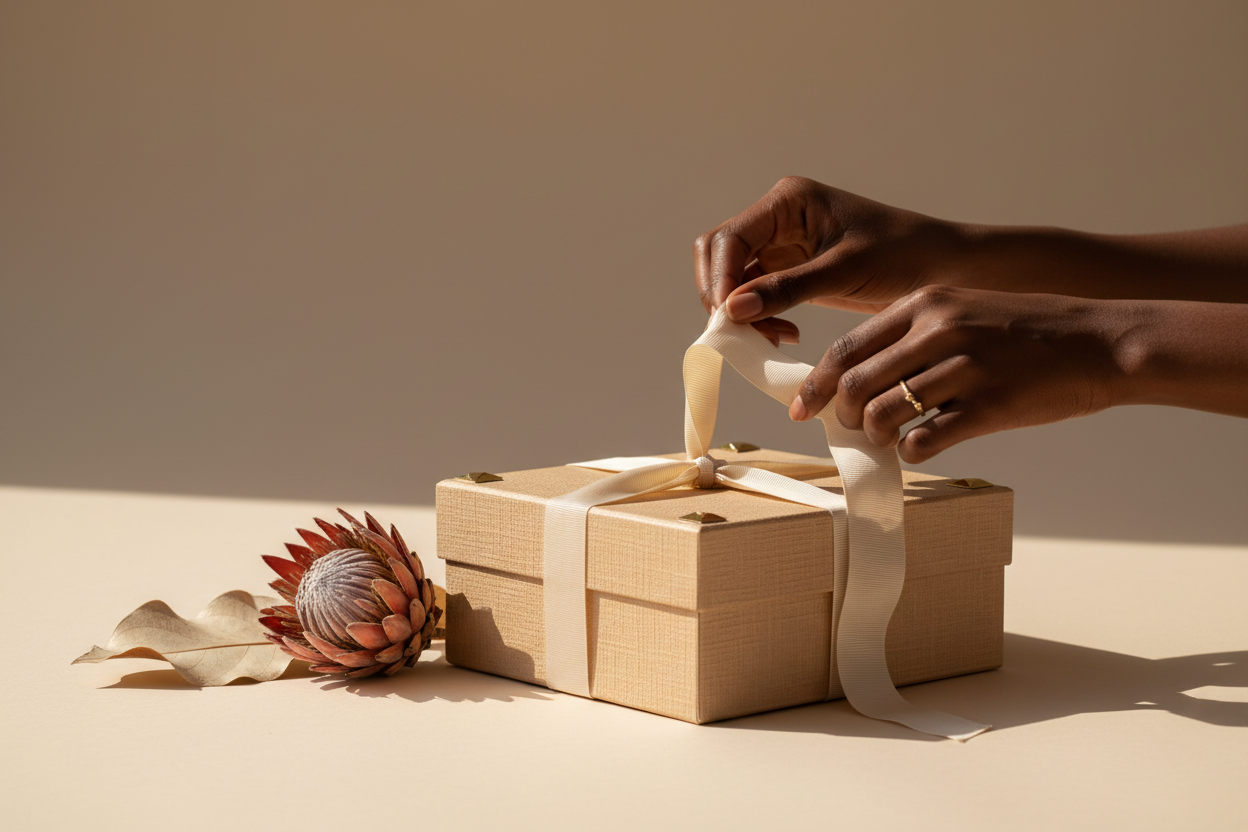 great a image of a ladies beautiful hands pulling the ribbon on a giftbox, Minimalist Afro-lux , soft earth tones, subtle brass or gold accent, dried protea or leaf, natural directional lighting, spacious composition, restrained and elegant, editorial luxury, intentional gifting, refined and sophisticated mood.