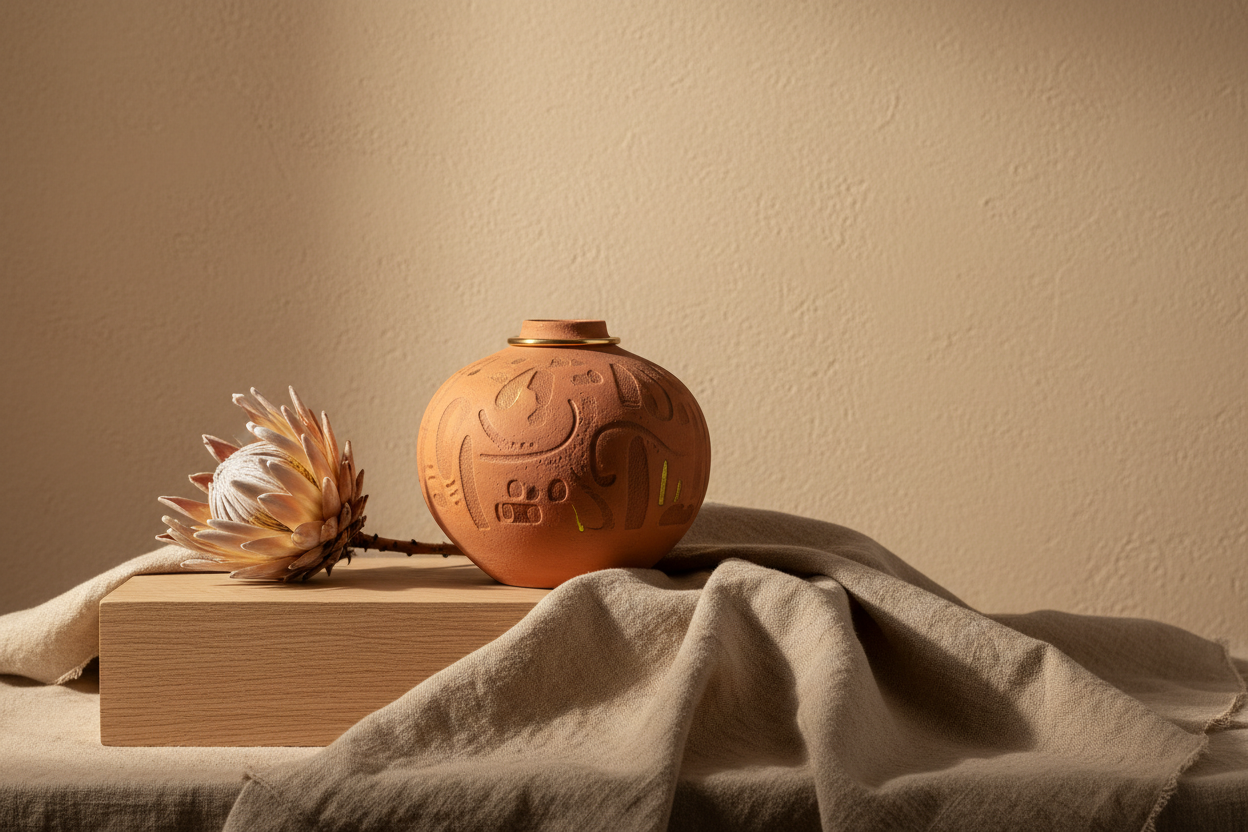 Minimalist Afro-lux still life with a single handcrafted African-inspired object on a neutral textured surface, soft earth tones, subtle brass or gold accent, dried protea or leaf, natural directional lighting, spacious composition, restrained and elegant, editorial luxury, intentional gifting, refined and sophisticated mood.